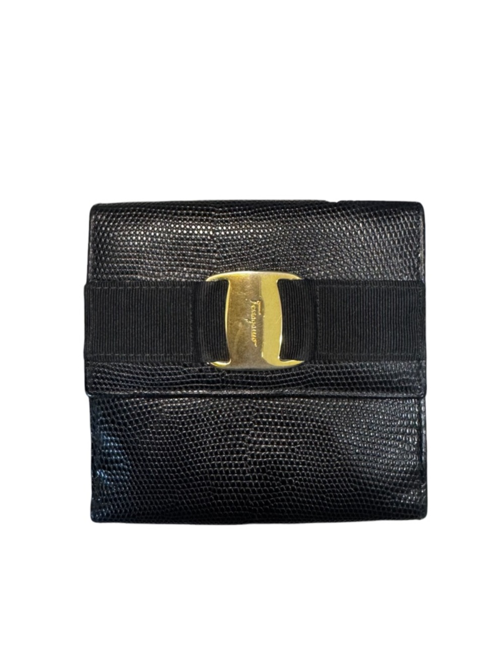 Black Lizard-Embossed Leather with Gold Bow Buckle